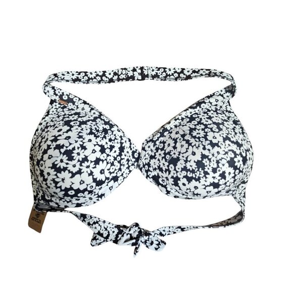 Pink By Victoria Push Up Halter Tie Bikini Swim Top L-DD Floral Black White NWT - Picture 1 of 10